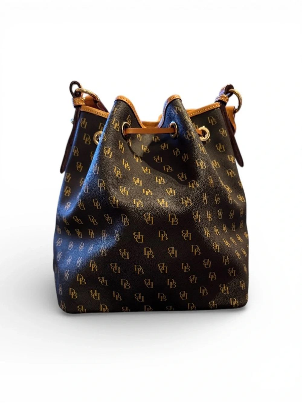 Dooney & Bourke Brown Monogram Drawstring Bucket Bag with Tan Trim